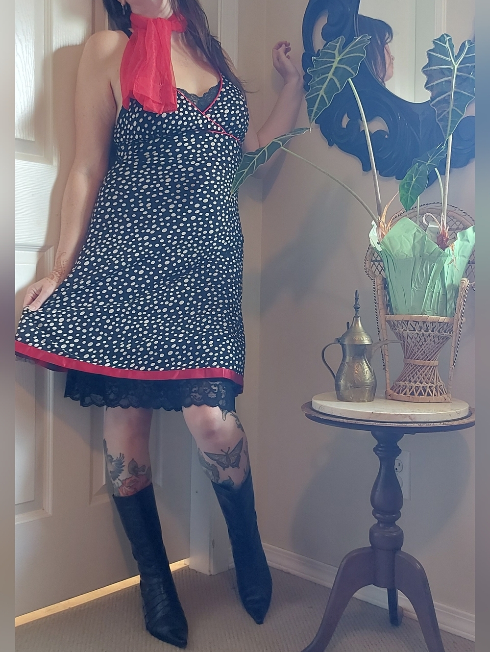 Polka Dot Sleeveless A-Line Dress with Red Trim